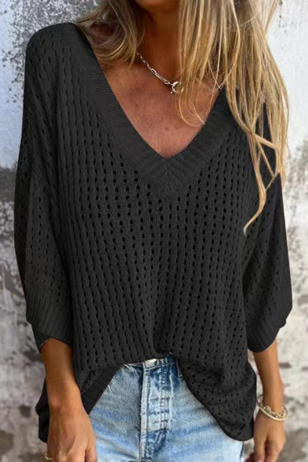 Hollow V-neck Long-sleeved Loose Top