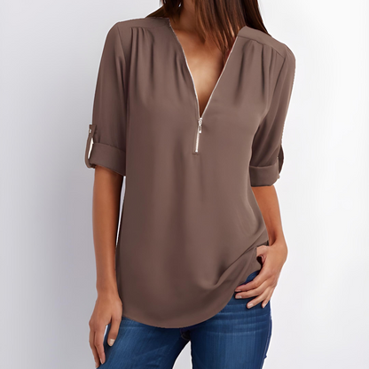 Tessa Stylish V-Neck Zipper Blouse