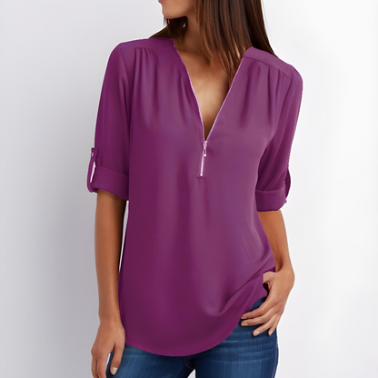 Tessa Stylish V-Neck Zipper Blouse