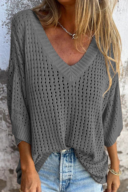 Hollow V-neck Long-sleeved Loose Top