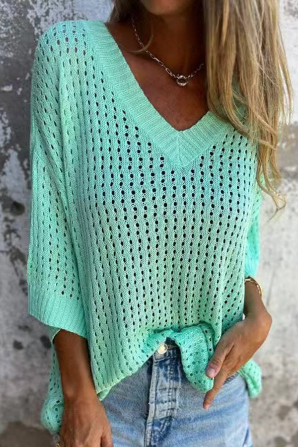 Hollow V-neck Long-sleeved Loose Top