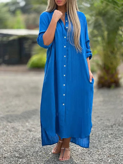 Cotton-Linen Long Sleeve Midi Shirt Dress