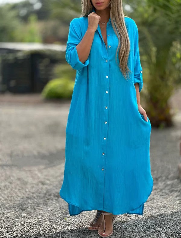 Cotton-Linen Long Sleeve Midi Shirt Dress