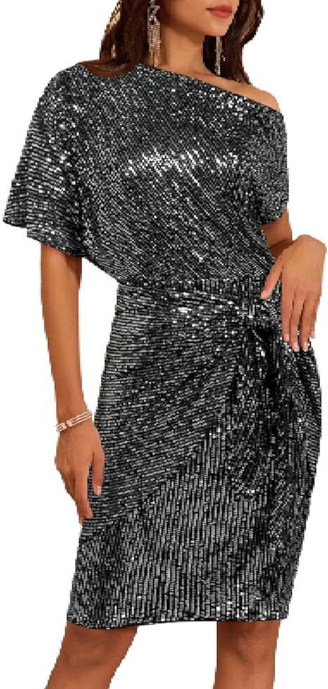 Sequined Asymmetric Off Shoulder Dress