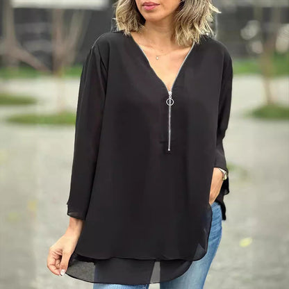 Mediva™ - Chiffon Zipper Top With V-neck