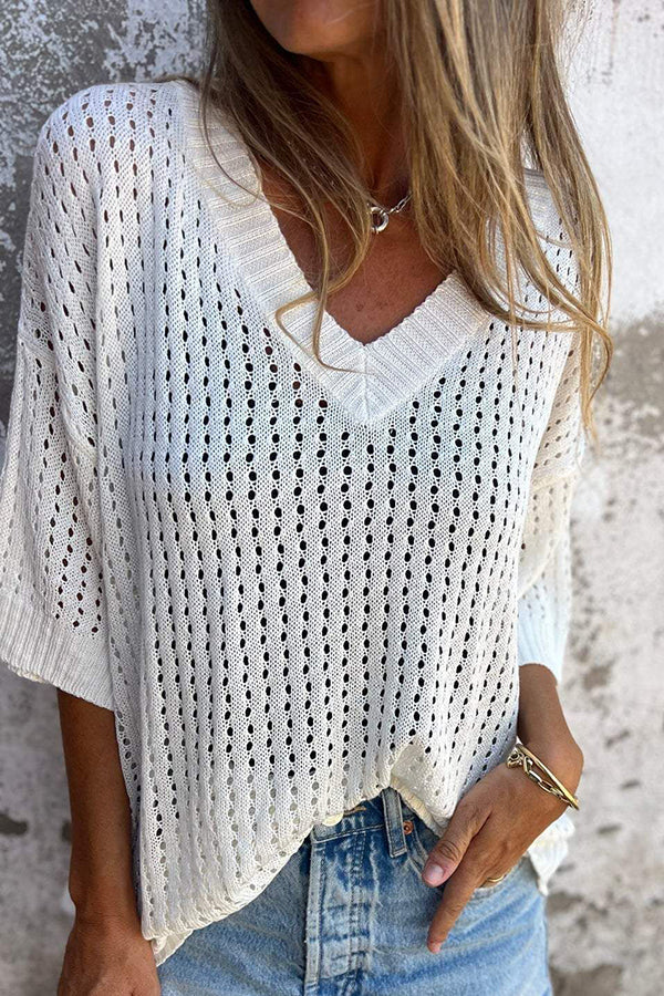 Hollow V-neck Long-sleeved Loose Top