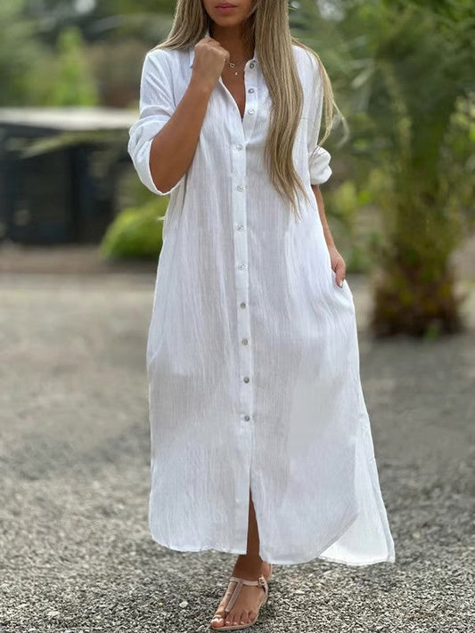 Cotton-Linen Long Sleeve Midi Shirt Dress