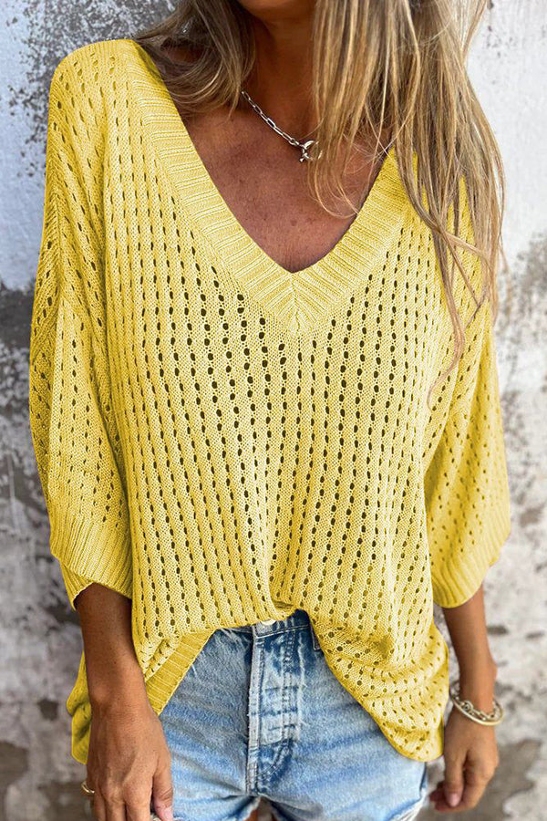 Hollow V-neck Long-sleeved Loose Top