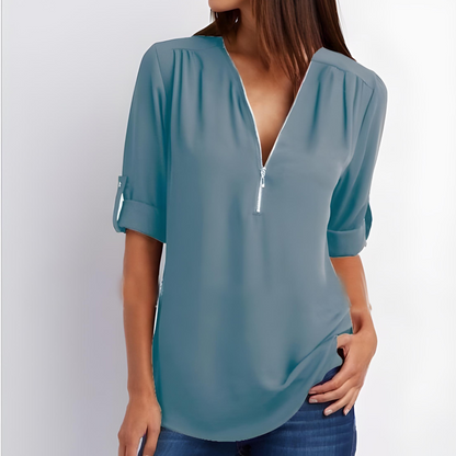 Tessa Stylish V-Neck Zipper Blouse