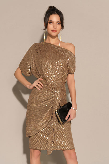 Sequined Asymmetric Off Shoulder Dress