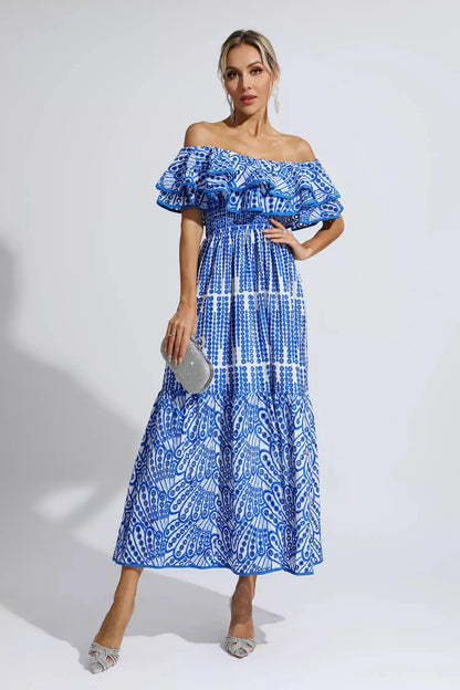 Shay Blue Cutout Ruffle Maxi Dress