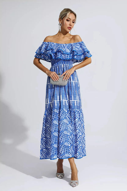 Shay Blue Cutout Ruffle Maxi Dress