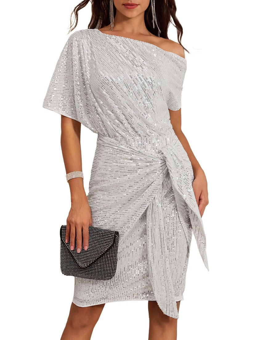 Sequined Asymmetric Off Shoulder Dress