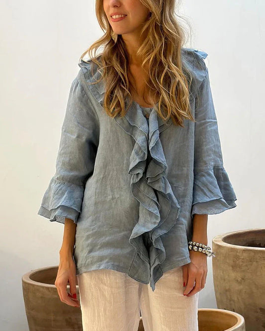 Ruffled Cotton Linen 3/4 Sleeves Shirt