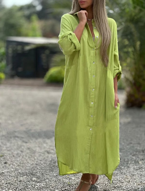 Cotton-Linen Long Sleeve Midi Shirt Dress