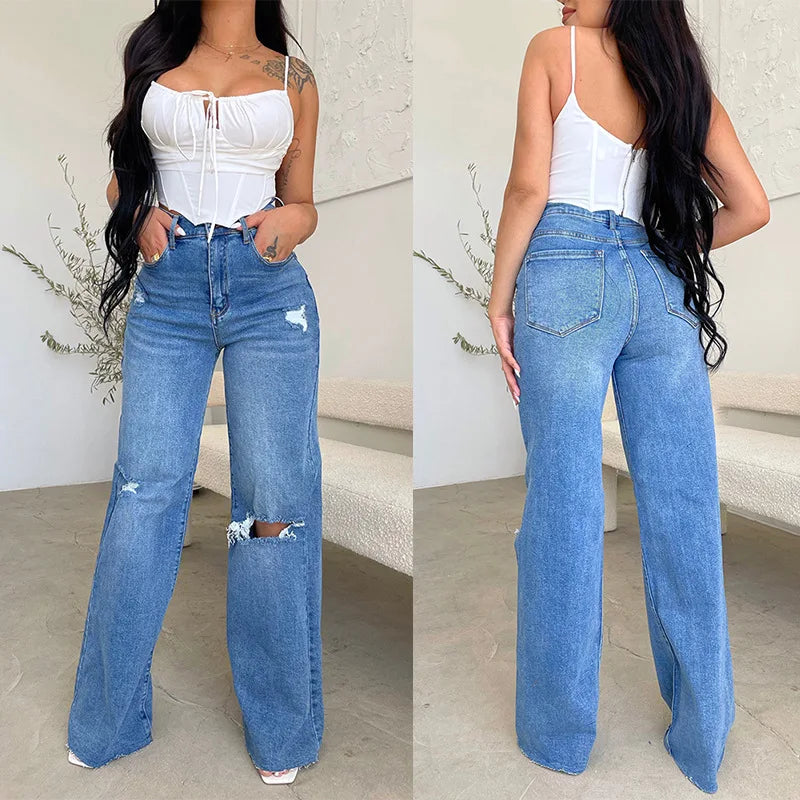 KATH™ HIGH WAIST TATTERED  WIDE LEG JEANS