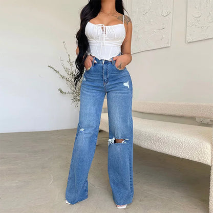 KATH™ HIGH WAIST TATTERED  WIDE LEG JEANS